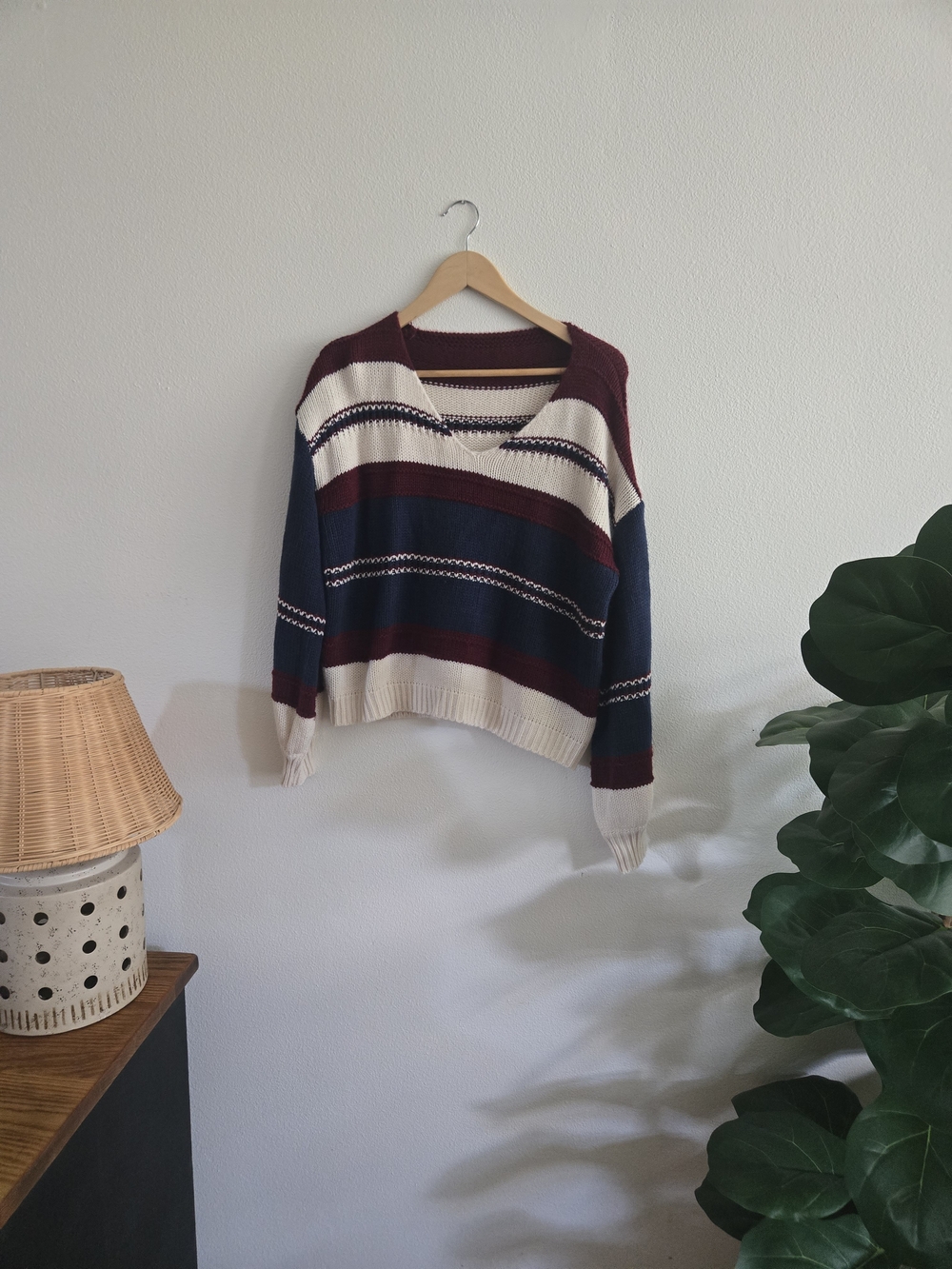 Striped V-Neck Women’s Sweater in Navy, Burgundy & Cream